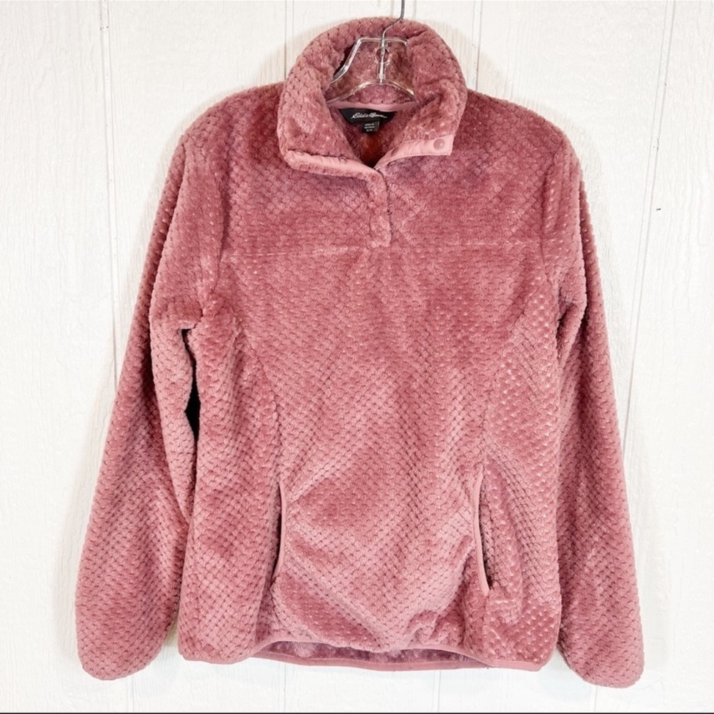 Eddie Bauer Purple Pink Pull Over Quarter Button Teddy Bear Sweater Size Medium